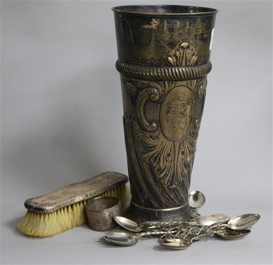A late Victorian repousse silver vase, THomas Bradbury & Sons, London, 1894 and mixed silver cutlery